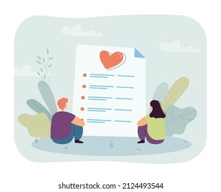 Tiny couple looking at marriage certificate. Man and woman sitting next to huge marriage contract flat vector illustration. Love, wedding concept for banner, website design or landing web page