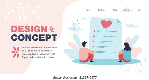 Tiny couple looking at marriage certificate. Man and woman sitting next to huge marriage contract flat vector illustration. Love, wedding concept for banner, website design or landing web page
