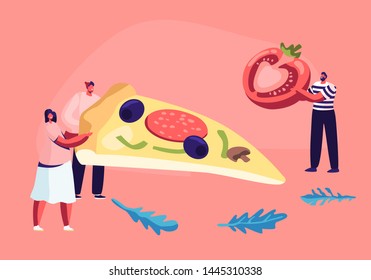 Tiny Couple of Male and Female Characters Hold Huge Piece of Pizza with Olives, Mushrooms and Sausage, Man in Striped Vest Bring Tomato, Pizzeria, Bistro, Italian Food Cartoon Flat Vector Illustration