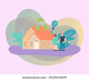 Tiny couple near eco friendly house flat vector illustration. Green lightbulb under house. Renewable energy resources, recycling, ecology concept for banner, website design or landing web page