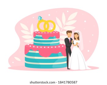 Pequeña pareja de recién casados junto a personajes de pasteles caseros, novios y novios en su fiesta nupcial Ilustración vectorial plana