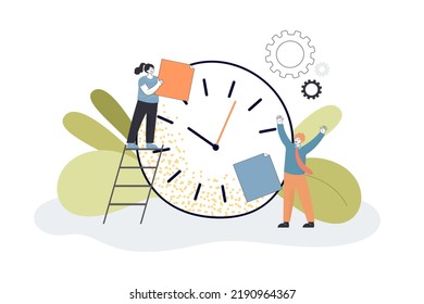Tiny couple planning events with notes on big clock. Man and woman organizing projects and tasks flat vector illustration. Time management concept for banner, website design or landing web page