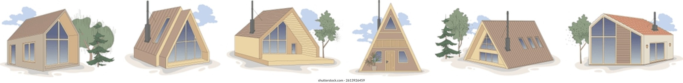 Tiny, cozy A-frame houses. Small summerhouses building exteriors. Rural landscapes. Off-grid houses. Vector architecture illustration isolated on transparent background.