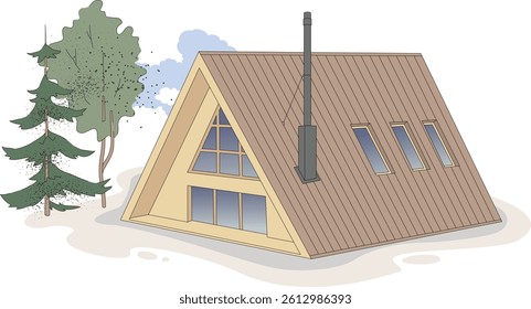 Tiny, cozy A-shape house with stovepipe. Small summerhouse building exterior. Rural landscape. Off-grid house. Vector architecture illustration isolated on transparent background.