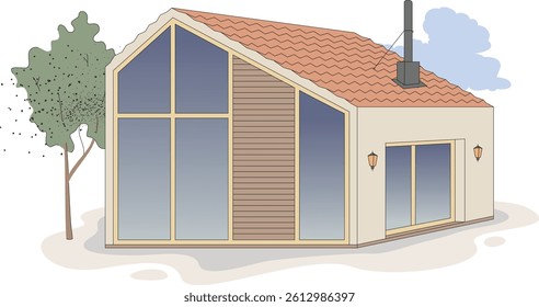 Tiny, cozy chalet house with stovepipe. Small summerhouse building exterior. Rural landscape. Off-grid house. Vector architecture illustration isolated on transparent background.