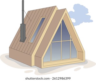 Tiny, cozy dwelling with stovepipe. Small summerhouse building exterior. Rural landscape. Off-grid house. Vector architecture illustration isolated on transparent background.
