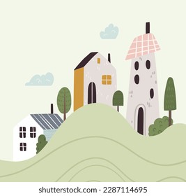 Kleine, gemütliche Dorfhäuser oder Landhäuser im skandinavischen Stil. Landschaft mit Hügeln, Bäumen und Himmel. Kleine Stadt oder Vorstadt, Vektorgrafik des Hauses für T-Shirt, Poster, Karte. Flachbild-Illustration