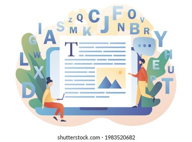 Tiny creative people typing text on laptop. Professional writer, author, redactor, journalist, copywriter, content manager, blogger. Modern flat cartoon style. Vector illustration on white background