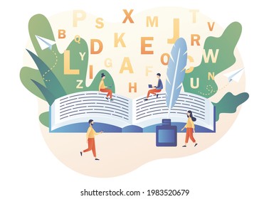 Tiny creative people write text feather and ink in big book. Professional writer, author, redactor, journalist, copywriter, content manager, blogger. Modern flat cartoon style. Vector illustration 