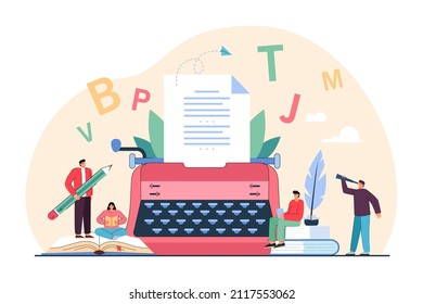 Tiny creative people writing poems on typewriter. Persons reading antique books, feather in ink bottle flat vector illustration. Literature, poetry concept for banner, website design or landing page