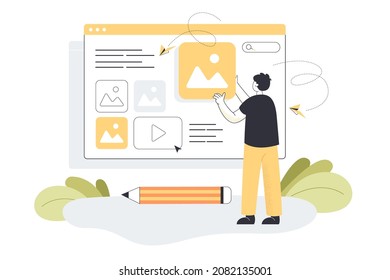 Tiny creator publishing online digital content. Male blogger or editor adding creative photo and video data in new blog post flat vector illustration. Blogging and creation in social media concept
