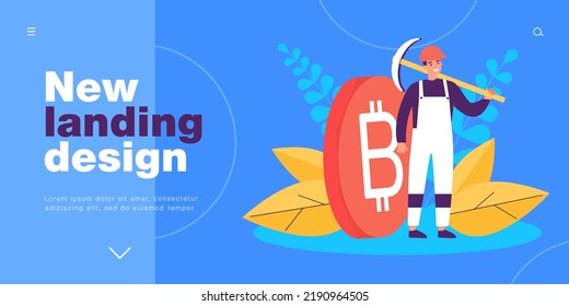 Tiny crypto miner standing with pickaxe in hand and bitcoin. Man mining cryptocurrency flat vector illustration. Digital money, wallet, finance concept for banner, website design or landing web page