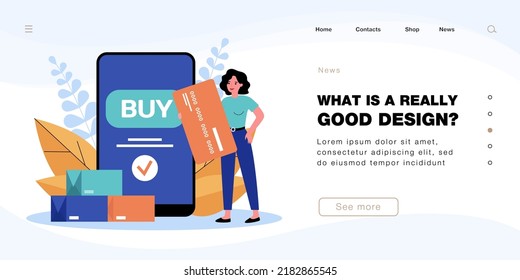 Tiny customer or buyer with giant credit card and smartphone. Woman paying for purchase through internet flat vector illustration. Online shopping, technology concept for banner or landing web page