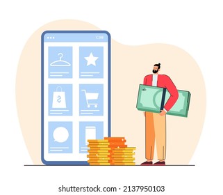 Tiny customer next to smartphone with internet store on screen. Man carrying huge banknotes flat vector illustration. Online shopping, technology concept for banner, website design or landing web page