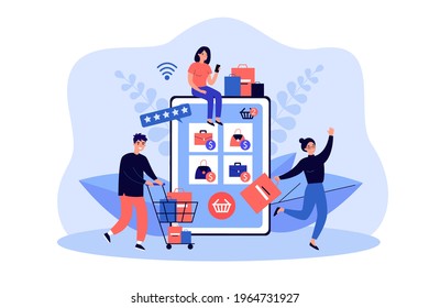 Tiny customers buying goods in online store using giant tablet. Vector illustration. Group of shopaholic buyers with carts and shopping bags. Sale, online purchase, retail shop, Internet concept