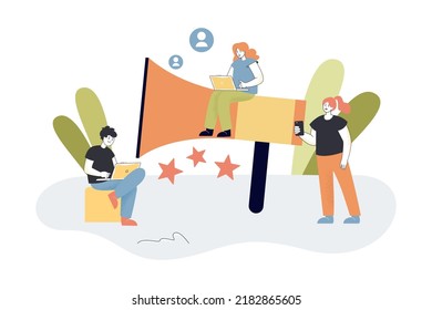 Tiny customers rating experience and product with stars. Marketing campaign with megaphone for people flat vector illustration. Promotion concept for banner, website design or landing web page