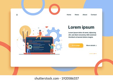 Tiny cute children learning coding. Laptop, bulb, program flat vector illustration. Programming or digital technology concept for banner, website design or landing web page
