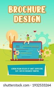 Tiny cute children learning coding. Laptop, bulb, program flat vector illustration. Programming or digital technology concept for banner, website design or landing web page