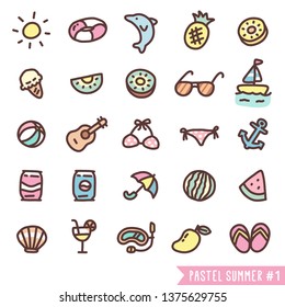 Tiny cute doodle hot summer on da beach icon set with pastel color that can be used as emoji or symbol for kids or little seamless pattern on pastel background for gift box.