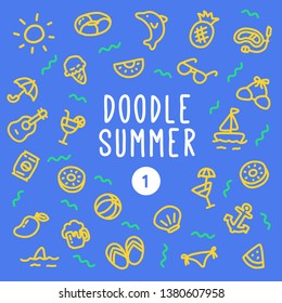 Tiny cute doodle hot summer on da beach vector icon set with pastel neon color that can be used as emoji or symbol for kids or little seamless pattern on pastel background for wrapping gift box.