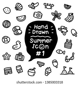 Tiny cute doodle hot summer on da beach vector icon set with black & white color that can be used as emoji or symbol for kids or little seamless pattern on pastel background for wrapping gift box.