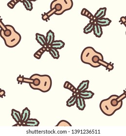 Tiny cute doodle hot summer on da beach mini ukulele and coconut tree seamless pattern with pastel colour that can use for wrapping kid gift box ,making fun t shirt, baby dressing, wallpaper and etc.