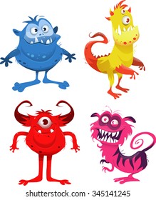 Tiny cute funny cartoon monsters with tail clutches teeth tentacles and horns vector mascot illustration for kids