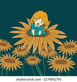 tiny cute girl with sunflowers