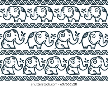 Tiny cute hand drawn elephants lines in tribal style vector seamless pattern