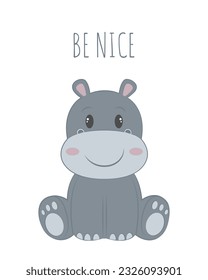 Tiny cute hippo sitting up. A series of illustrations for the first introduction to animals. Illustrations for the youngest. Decorating everything related to babies. Isolated vector