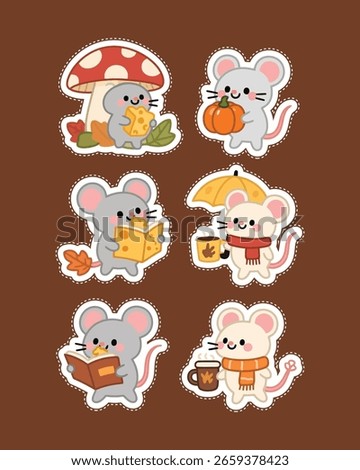 Tiny cute mice enjoying fall — nibbling snacks, hiding in leaves, wearing scarves, reading under mushrooms, and sipping hot cocoa.