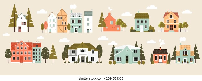 Tiny cute small buildings with windows, colorful roof tiles, smoking chimneys. Houses, homes, fir-trees and other plants. Set of isolated flat cartoon vector illustrations in scandinavian style