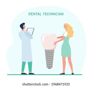 Tiny dental technicians preparing veneer for patient. Cartoon dentists examining dental implant flat vector illustration. Stomatology, healthcare concept for banner, website design or landing web page