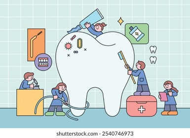 Caracteres dentistas minúsculos tomam conta de dentes grandes. Ilustração de personagem de contorno de Cutlittle.