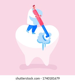 Tiny Dentist Doctor Character Cleaning or Polishing of Huge Tooth with Rolling Brush. Stomatology Clinic Care Service, Dentistry Occupation, Caries Prevention or Treatment. Cartoon Vector Illustration