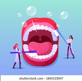 Tiny Dentist Doctor Characters Care of Huge Teeth in Open Mouth with Brush and Toothpaste. Caries Prevention, Stomatology Clinic, Dentistry, Teeth Cleaning Concept. Cartoon People Vector Illustration