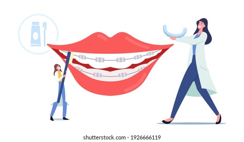 Tiny Dentist Doctors Characters Install Dental Braces to Huge Patient Teeth, Orthodontist Treatment, Dentistry Concept, Brackets Installation for Teeth Alignment. Cartoon People Vector Illustration