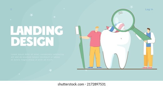 Tiny dentist looking at tooth through magnifying glass. Doctor giving advice on teeth brushing to patient flat vector illustration. Dentistry concept for banner, website design or landing web page