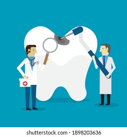 Tiny Dentists Characters checking Huge Teeth. Dental Care Concept. 