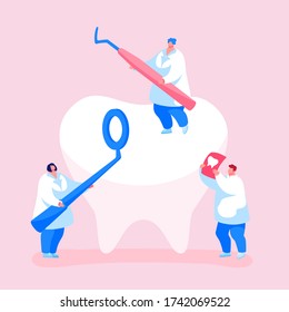 Tiny Dentists Characters Checking Tooth for Caries Hole in Plaque. Doctors Hold Stomatology Mirror, Carver and Xray Image. Dentistry People Working for Dental Care Teeth. Cartoon Vector Illustration