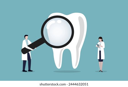 Tiny Dentists Characters Holding magnifying glass, Checking Huge Tooth. Dentistry People Working for Teeth Dental Care.