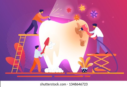 Tiny Dentists Cleaning, Treating Giant Unhealthy Tooth with Caries Hole. Doctors Brushing, Scaling, Drilling Plaque. Dentistry People Work Together for Carrying Teeth. Cartoon Flat Vector Illustration