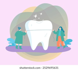 Winzige Zahnärzte mit Zahnseide, die riesige Zähne reinigen. Cartoon Frauen Zahnseide von Patienten flachen Vektorgrafik. Mundhygiene, Zahnmedizin, Gesundheitskonzept für Banner oder Zielseite