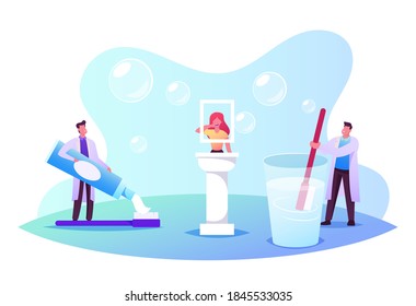 Tiny Dentists Doctor Characters Holding Huge Brush and Toothpaste Teaching Cleaning Teeth Correctly. Stomatology, Dentistry Occupation, Dental and Oral Health Care. Cartoon People Vector Illustration