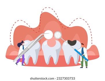 Tiny dentists filling tooth vector illustration. Doctors treating tooth cavity and root canals, using dental equipment in mouth. Dental procedures, health care concept