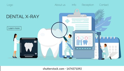 Tiny dentists make x-ray scan of teeth to help toothache, to whiten enamel or recovery implant. Professionals of stomatology work, treat illness tooth. Dental services vector concept for landing page.