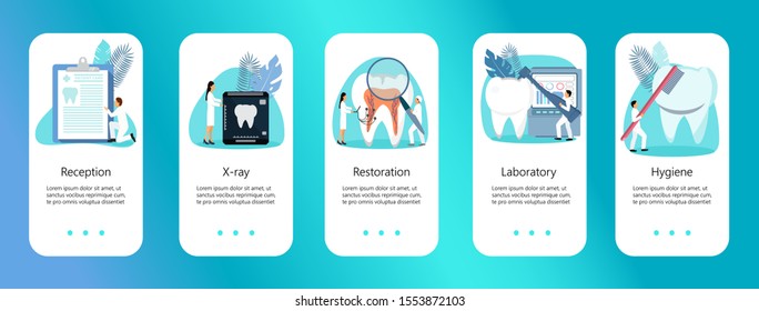 Tiny dentists make x-ray scan of teeth. Whiten enamel or recovery implant concept. Professionals of stomatology work, treat illness tooth. Dental services vector concept for app, social stories.