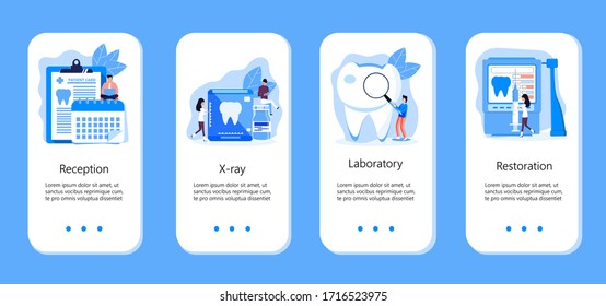 Tiny dentists make x-ray scan of teeth. Whiten enamel or recovery implant concept. Professionals treat illness tooth. Dental services vector concept for app, social stories.
