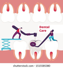 Tiny Dentists Men Treating Giant Unhealthy Tooth with Caries Hole Drilling Plaque. Guy Hold Stomatology Mirror. Dentistry People Working Together for Dental Care Teeth Cartoon Flat Vector Illustration