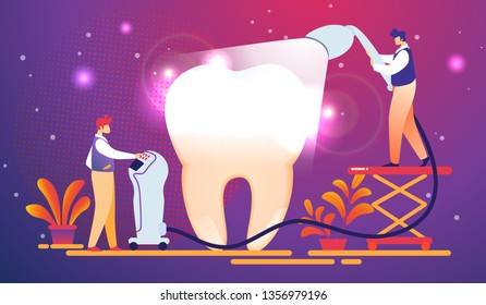 Tiny Dentists Put Light Curing Filling on Huge Tooth. Man Holding Equipment with Lighting. Guy Set Up Options on Computer. Dentistry People Work for Carrying Teeth. Cartoon Flat Vector Illustration.